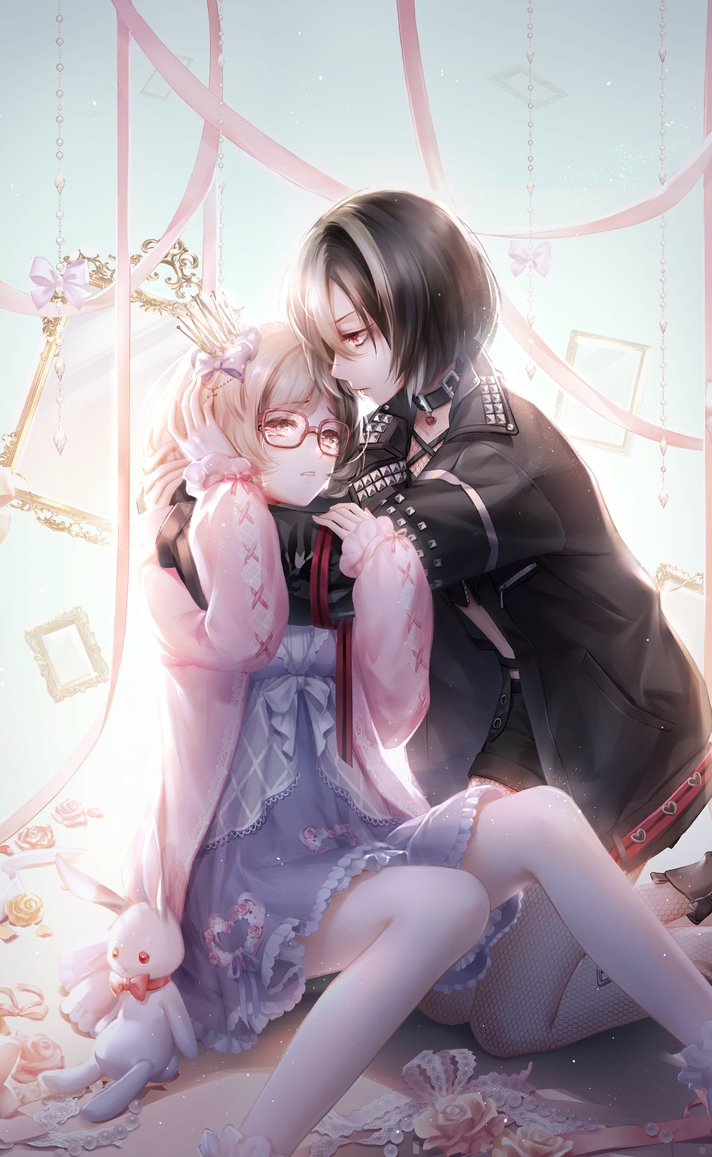 2girls, artist_request, black_hair, black_jacket, blonde_hair, blue_background, bob_cut, boots