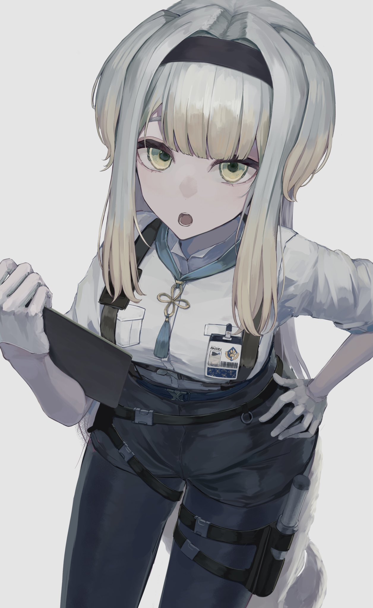 1girl, animal_ears, black_pants, blonde_hair, collared_shirt, dog_ears, gloves, gradient_hair, green_eyes, grey_background, grey_hair, hand_on_own_hip, highres, id_card, multicolored_hair, nijisanji, ninjin_genjin, pants, shioriha_ruri, shioriha_ruri_(1st_costume), shirt, simple_background, solo, virtual_youtuber, white_gloves, white_shirt