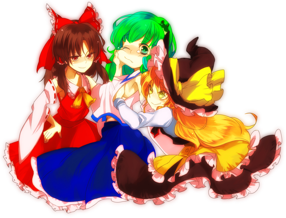 blonde_hair, breast_grab, breasts, brown_eyes, brown_hair, green_eyes, green_hair, hakurei_reimu, kirisame_marisa, kochiya_sanae, multiple_girls, shindou_(artist), shindou_(fuguri), shindou_chihiro, tears, touhou, yellow_eyes, yuri