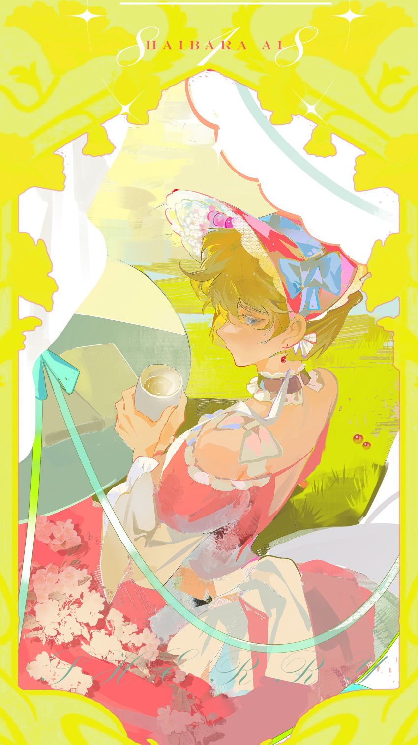 1girl, absurdres, aqua_ribbon, back_bow, bare_shoulders, blonde_hair, blue_bow, blue_eyes, blunt_ends, bonnet, book, border, bow, brown_choker, character_name, chinese_commentary, choker, closed_mouth, cup, day, dress, earrings, expressionless, feet_out_of_frame, frilled_choker, frills, from_behind, gown, grass, haibara_ai, hair_between_eyes, half-closed_eyes, highres, holding, holding_cup, jewelry, jishikou, layered_sleeves, long_sleeves, looking_to_the_side, meitantei_conan, off-shoulder_dress, off_shoulder, open_book, patio_umbrella, pink_bonnet, pink_dress, profile, puffy_short_sleeves, puffy_sleeves, ribbon, short_hair, short_over_long_sleeves, short_sleeves, sitting, solo, steaming_cup, table, tea, white_bow, white_sleeves, yellow_border