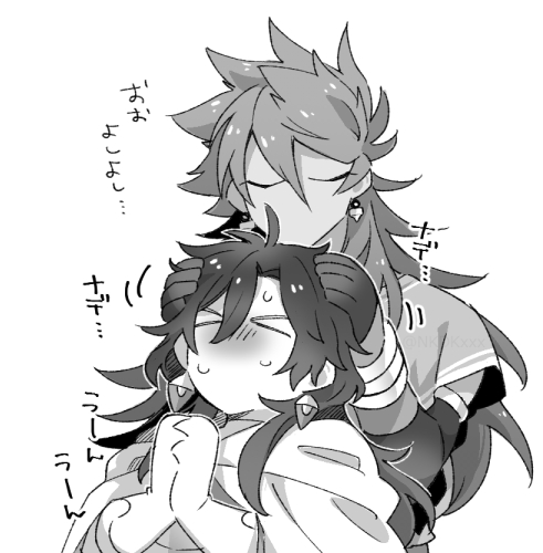 >_<, 2boys, ahoge, blush, cloak, constantine_xi_(fate), constantine_xi_(third_ascension)_(fate), curtained_hair, dark-skinned_male, dark_skin, deformed, earrings, embarrassed, fate/grand_order, fate_(series), gloves, greyscale, hair_between_eyes, headpat, height_difference, jewelry, long_hair, lowres, male_focus, monochrome, motion_lines, multiple_boys, nervous_sweating, no_mouth, nukaduke000, own_hands_clasped, own_hands_together, romulus_quirinus_(fate), simple_background, spiky_hair, sweat, translation_request, tunic, upper_body, vambraces, white_background