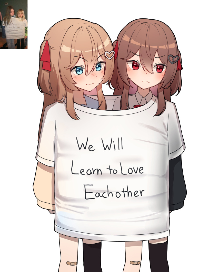 2girls, absurdres, blue_eyes, blush, bow, broken_heart, broken_heart_hair_ornament, brown_hair
