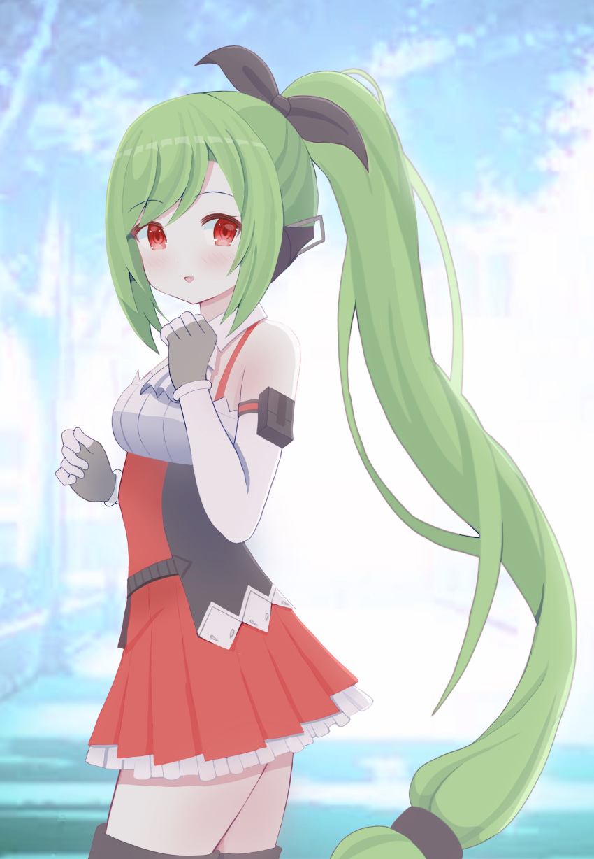 1girl, :d, aat-52_(girls'_frontline), absurdres, arm_pouch, bare_shoulders, black_ribbon, blush