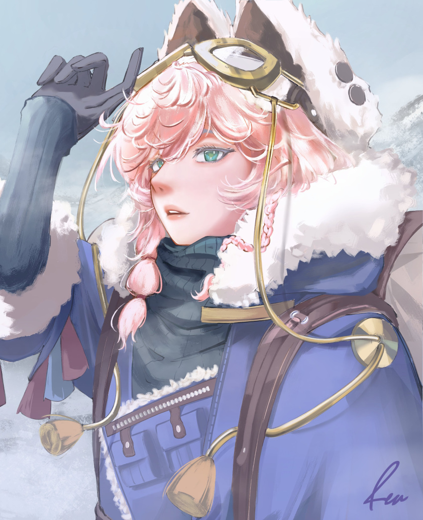 1girl, absurdres, backpack, bag, black_gloves, black_sweater, blue_eyes, brown_hat