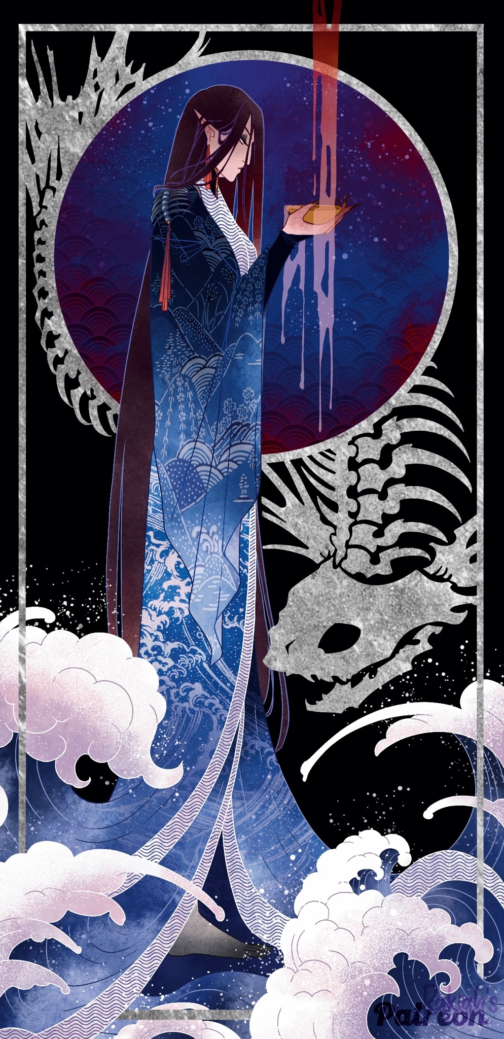 1boy, animal, animal_skeleton, black_background, black_eyeshadow, black_hair, blood, blue_background