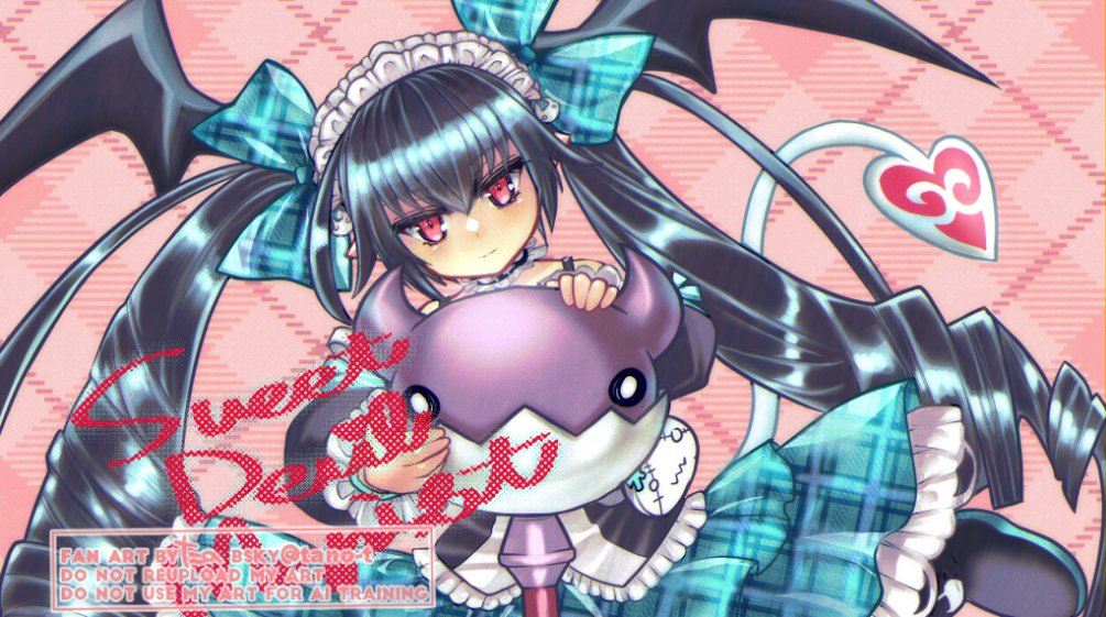 bat_wings, black_boots, black_hair, black_wings, boots, bow, dress, drill_hair, emil_chronicle_online, frilled_dress, frills, green_bow, green_dress, hair_bow, head_wings, heart, heart_tail, holding, holding_staff, long_hair, maid_headdress, mephistopheles_lore, official_alternate_costume, pink_background, red_eyes, staff, tail, tano_t, twin_drills, twintails, wings