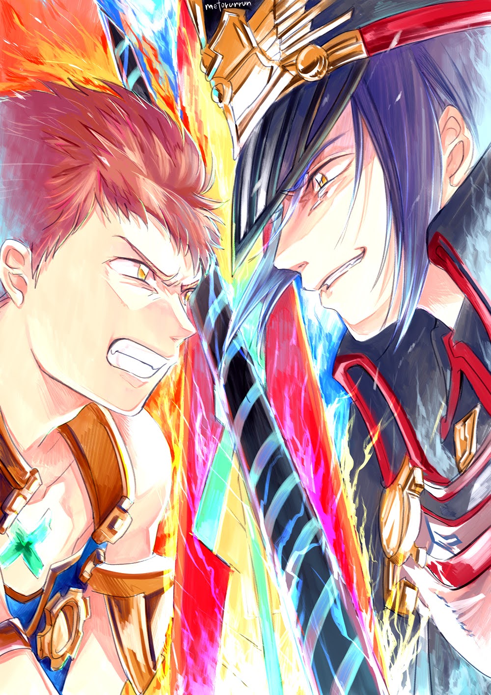 1boy, 1girl, aegis_sword_(xenoblade), battle, blue_hair, brown_hair, chest_jewel, clash