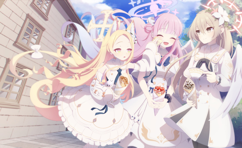 3girls, angel_wings, animal_ear_fluff, animal_ears, black_neckerchief, blonde_hair, blue_archive, blue_bow