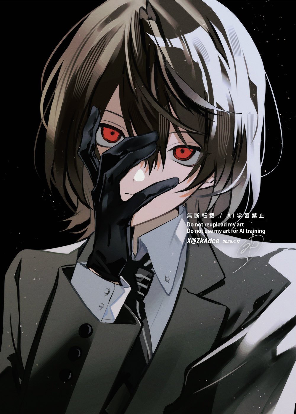 1boy, akechi_gorou, black_background, black_gloves, black_necktie, brown_hair, brown_jacket, closed_mouth