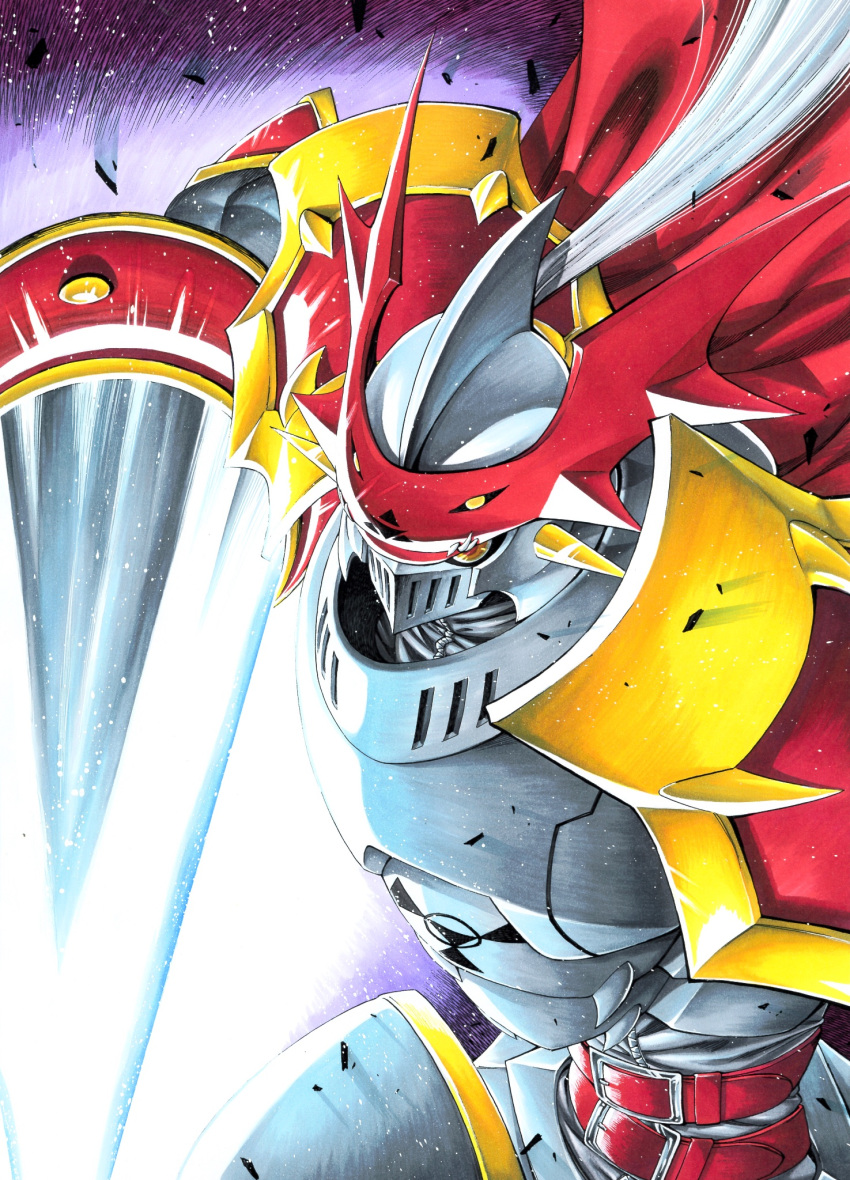 armor, cape, digimon, digimon_(creature), dukemon, helmet, highres, holding, holding_polearm, holding_weapon, knight, lance, looking_at_viewer, miura_satoru, polearm, red_cape, solo, upper_body, weapon, white_armor, white_helmet, yellow_eyes