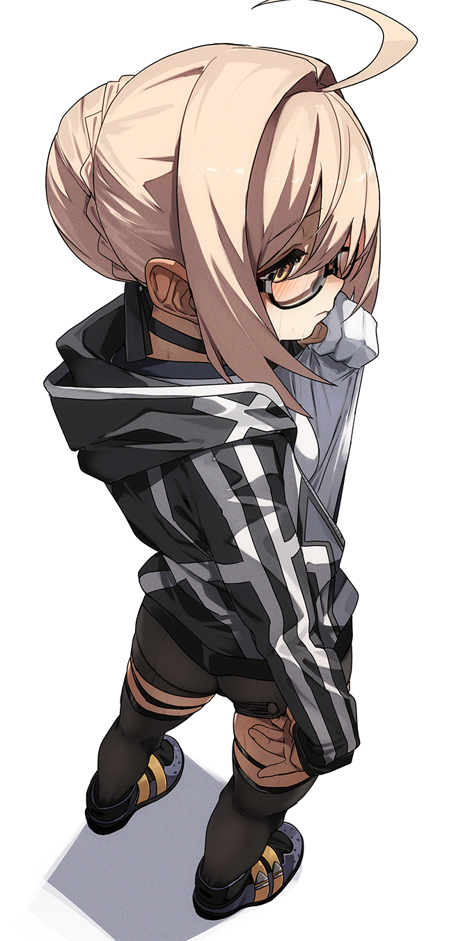 ahoge, artoria_pendragon_(fate), bike_shorts, black_jacket, black_shorts, black_thighhighs, blonde_hair, braid