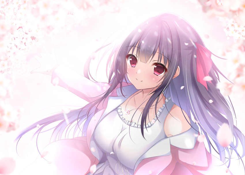 1girl, absurdres, black_hair, bloom, blunt_bangs, blurry, blush, breasts