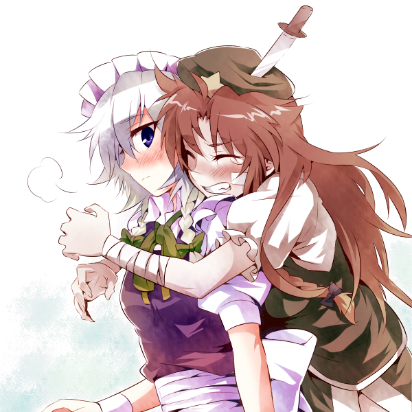 bandages, blue_eyes, blush, hat, hong_meiling, izayoi_sakuya, knifed, manekinukotei