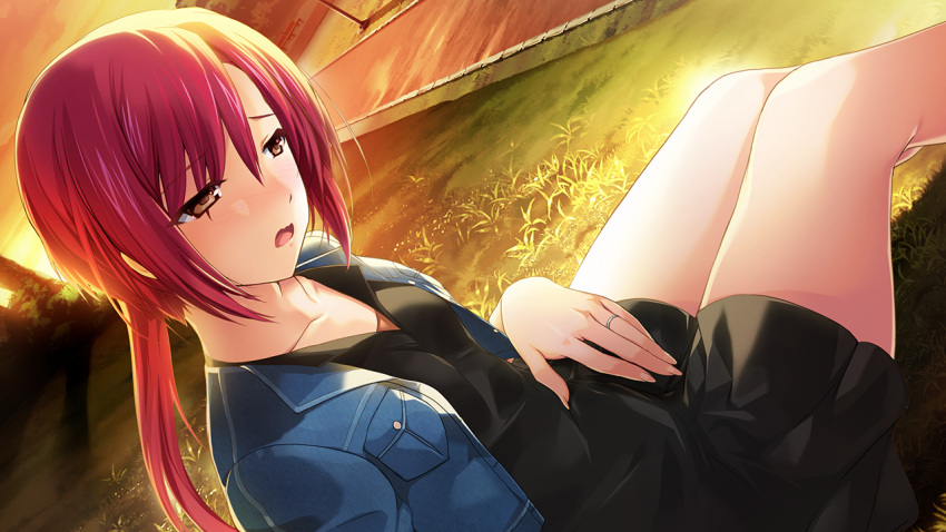 1girl, black_dress, blue_jacket, blush, breast_pocket, breasts, brown_eyes, casual