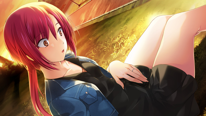 1girl, black_dress, blue_jacket, breast_pocket, breasts, brown_eyes, casual, choukou_(alicesoft)