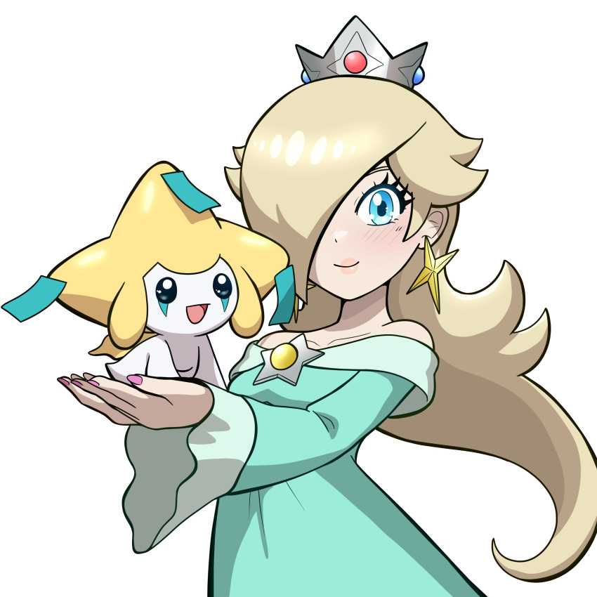 1girl, absurdres, bare_shoulders, black_eyes, blonde_hair, blue_dress, blue_eyes, blush