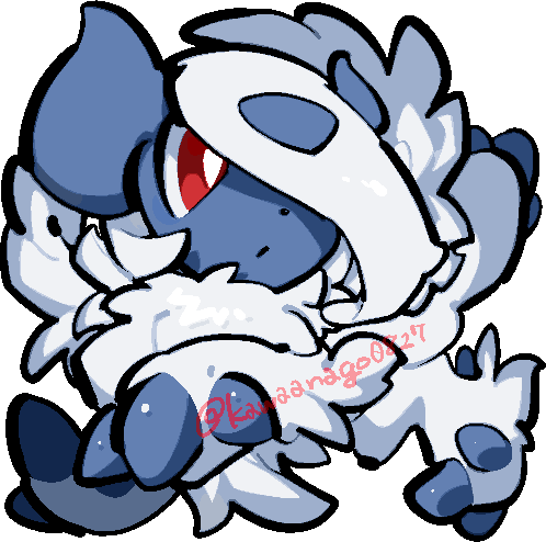 absol, animal_focus, bright_pupils, chibi, chibi_only, commentary_request, full_body, kawaanago, lowres, mega_absol, mega_pokemon, no_humans, pokemon, pokemon_(creature), pokemon_focus, red_eyes, solo, transparent_background, twitter_username, white_pupils
