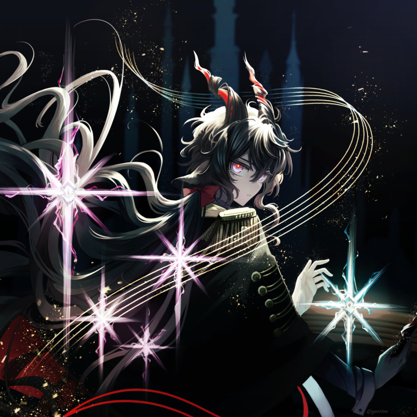 1boy, arknights, black_hair, bow, ebenholz_(arknights), gloves, hair_between_eyes, highres