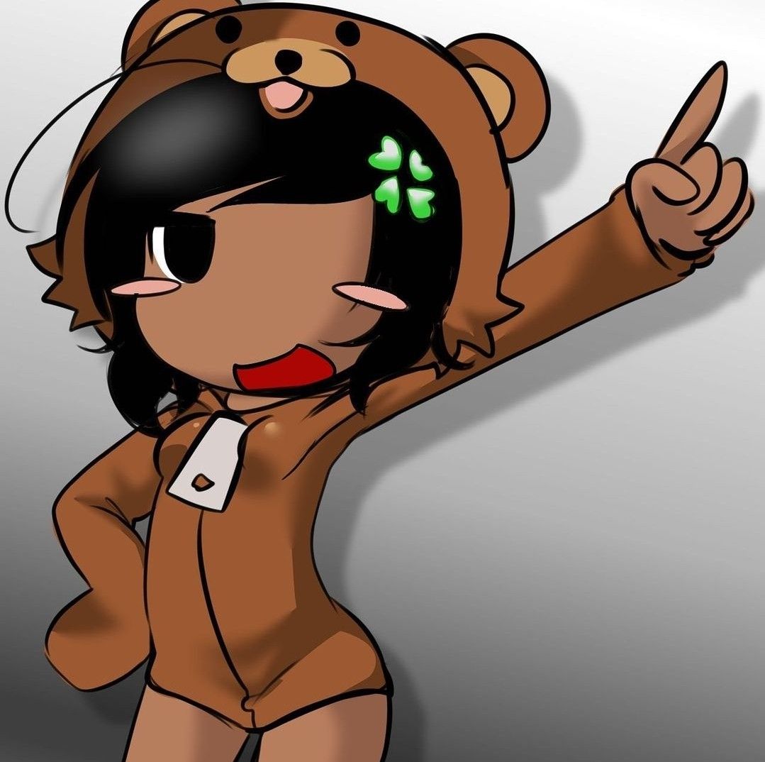 1girl, 2ch, 4chan, ahoge, animal_hood, bear_hood, black_eyes, blush, blush_stickers, breasts, brown_hoodie, brown_sleeves, canihavepromo, character_hood, clover, clover_hair_ornament, dark-skinned_female, dark_skin, grey_background, hoodie, kuma, long_sleeves, marie_(canihavepromo), open_mouth, pedobear, pedobear_(cosplay), pointing, real_life, sleeves_past_wrists, solo, thighs, zipper_pull_tab