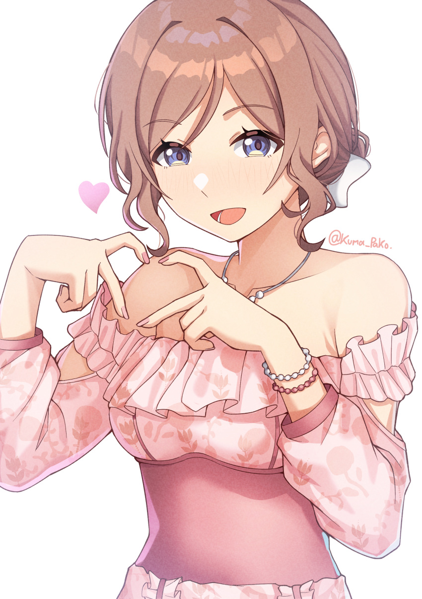 1girl, absurdres, blue_eyes, brown_hair, commentary_request, dress, fingernails, four-finger_heart_hands