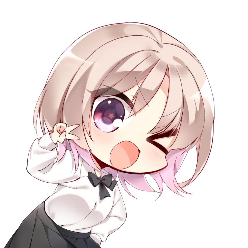 >_o, 1girl, ;d, black_bow, black_bowtie, black_skirt, blush, bow