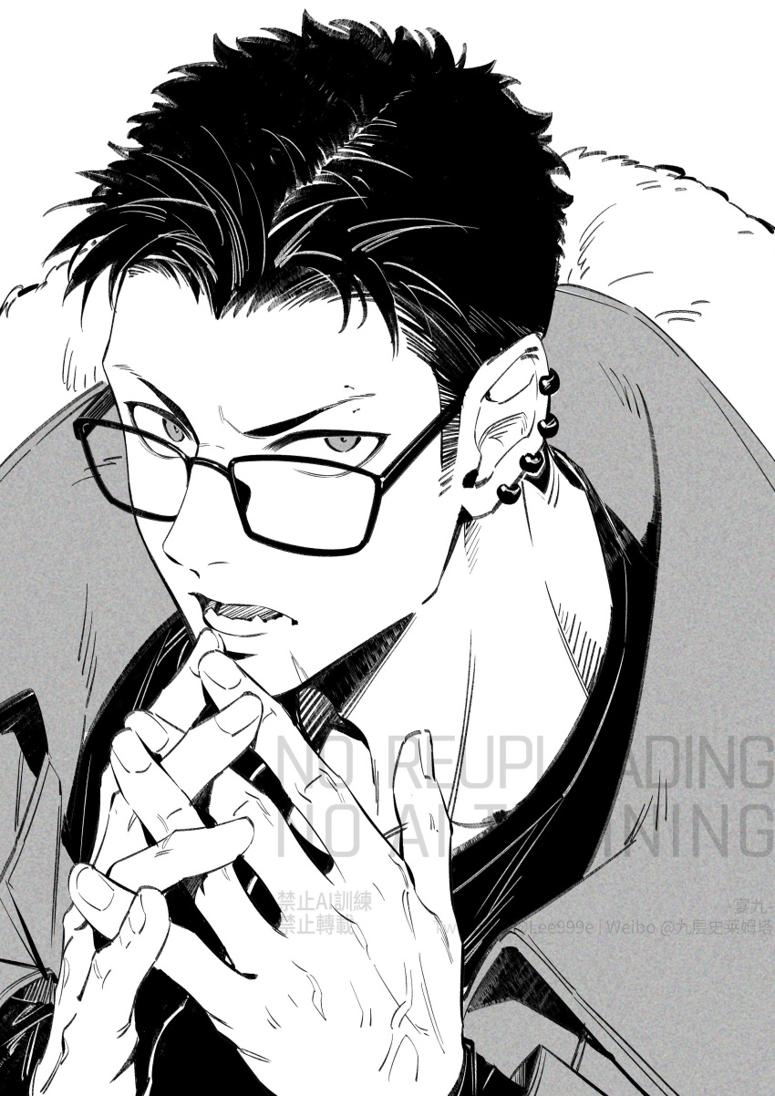 1boy, absurdres, black_shirt, coat, dandadan, ear_piercing, earrings, fur-trimmed_coat