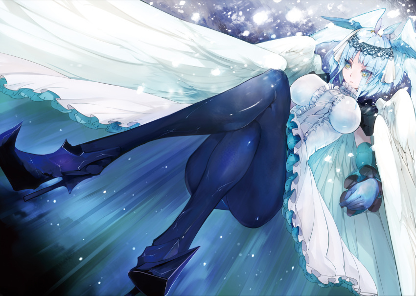 angel_wings, blue, blue_eyes, blue_hair, breasts, crossed_legs, dutch_angle, from_below, gloves, head_wings, headdress, high_heels, large_breasts, large_wings, legs, legs_crossed, multicolored_eyes, multiple_wings, original, pantyhose, pupps, shoes, short_hair, sitting, solo, the_snow_queen, the_snow_queen_(character), thighs, wings