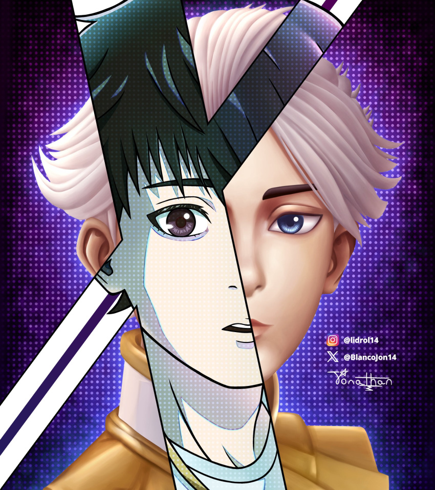 1boy, blancojon14, blue_eyes, brown_eyes, brown_hair, gold_trim, highres, lin_ling_(to_be_hero_x)