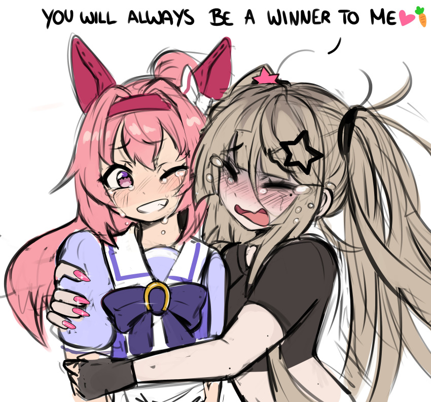 2girls, absurdres, animal_ears, black_gloves, black_shirt, blonde_hair, blue_bow, blue_shirt, blush, bow, closed_eyes, commentary, crop_top, cropped_shirt, crying, dokidomiki, double-parted_bangs, ear_covers, english_commentary, english_text, fingerless_gloves, fingernails, gloves, hair_between_eyes, hair_ornament, hairband, haru_urara_(umamusume), heart, highres, horse_ears, horse_girl, hug, long_hair, messy_hair, miki_(dokidomiki), mole, mole_under_eye, multiple_girls, nail_polish, one_eye_closed, open_mouth, original, pink_eyes, pink_hair, pink_nails, raised_inner_eyebrows, red_hairband, sailor_collar, school_uniform, shirt, short_sleeves, simple_background, sketch, star_(symbol), star_hair_ornament, tracen_school_uniform, umamusume, upper_body, white_background, white_sailor_collar