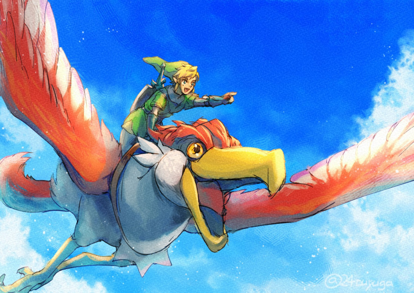 1boy, bird, blonde_hair, blue_sky, clouds, cloudy_sky, green_hat, green_tunic
