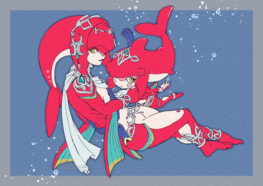 1boy, 1girl, air_bubble, barefoot, blue_background, blush_stickers, border, bracer