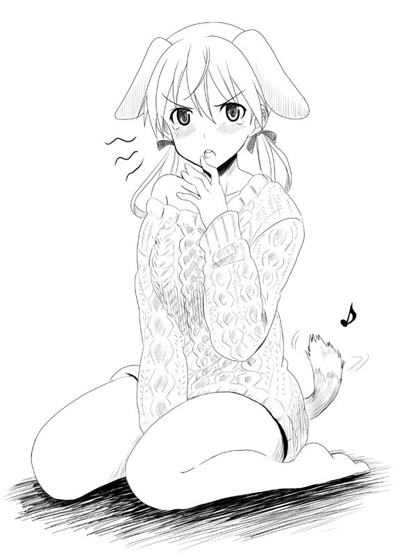 bad_id, blush, dog_ears, embarrassed, gertrud_barkhorn, kyogoku_shin, kyougoku_shin, monochrome