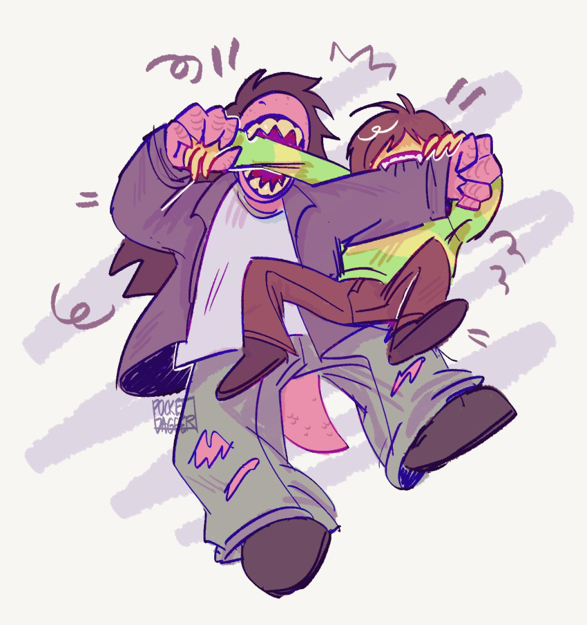 1girl, 1other, biting, biting_another's_arm, brown_hair, deltarune, fangs, furry, furry_female, highres, jacket, kris_(deltarune), lifting_person, open_mouth, pants, pocketdagger, reptile_girl, sharp_teeth, simple_background, striped_clothes, susie_(deltarune), teeth, torn_clothes, torn_pants, utdr_(toby_fox)