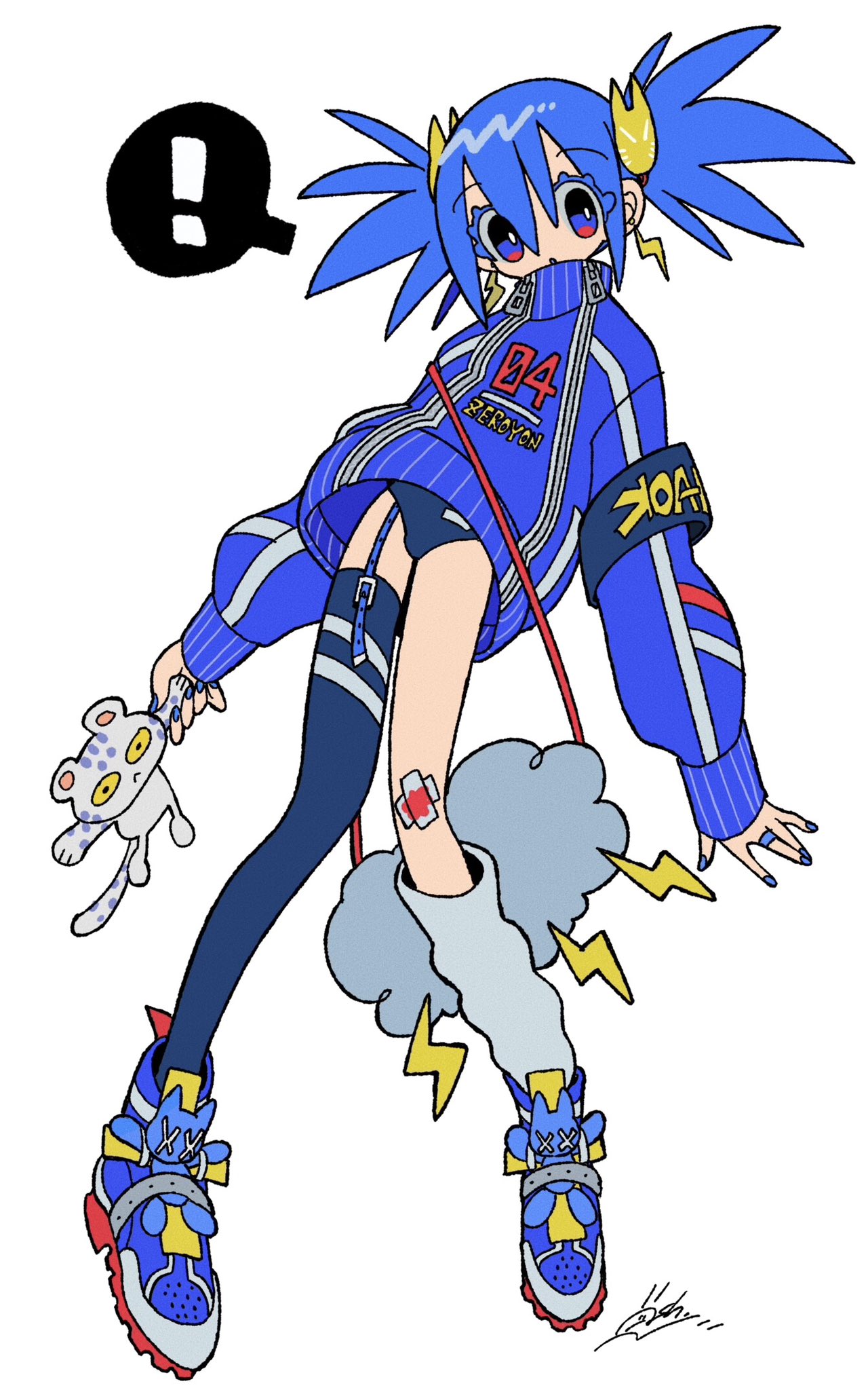 !, 1girl, :o, animal_hair_ornament, armband, arms_at_sides, asymmetrical_legwear, bag
