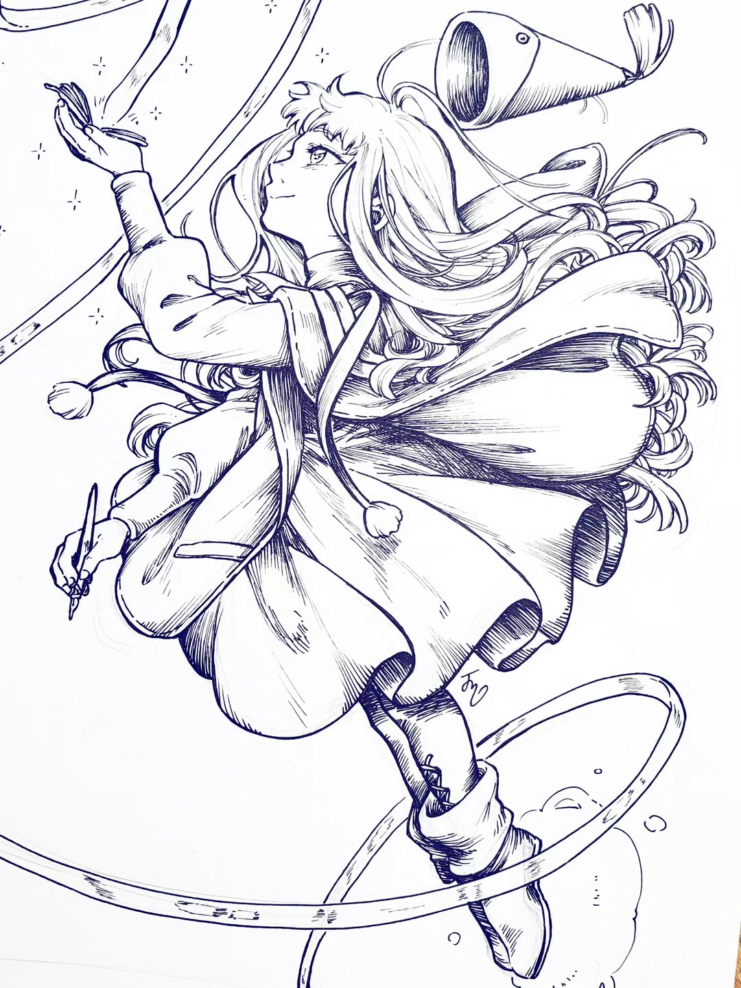 1girl, calligraphy_brush, child, crystal_ribbon, fingernails, hat, hat_tassel, highres