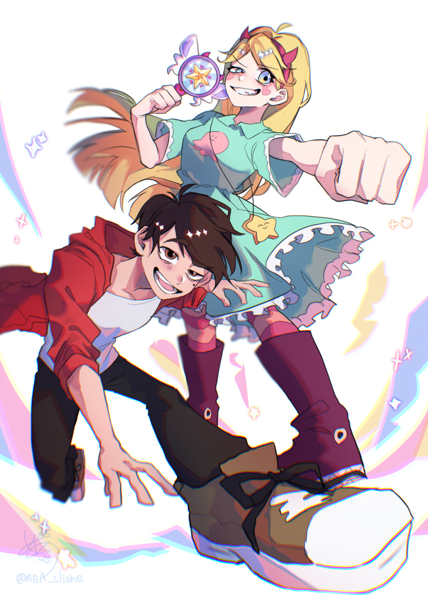 1boy, 1girl, absurdres, animal-themed_footwear, aqua_dress, blonde_hair, blue_eyes, boots, breasts, dress, facial_mark, fake_horns, hairband, heart, heart-shaped_blush_stickers, heart_cheeks, heart_facial_mark, highres, holding, holding_wand, horned_headwear, horns, long_hair, marco_diaz, marking_on_cheek, markings_on_cheeks, open_mouth, pantyhose, smile, star_butterfly, star_vs_the_forces_of_evil, star_wand, striped_clothes, striped_pantyhose, user_vdha3872, wand