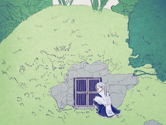 1girl, black_eyes, commentary_request, full_body, grass, grey_hair, hill, japanese_clothes