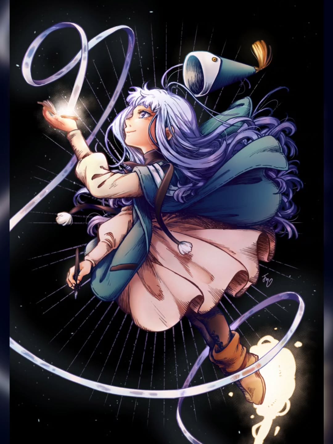 1girl, black_leggings, blue_eyes, blue_hair, brown_shoes, calligraphy_brush, child, crystal_ribbon