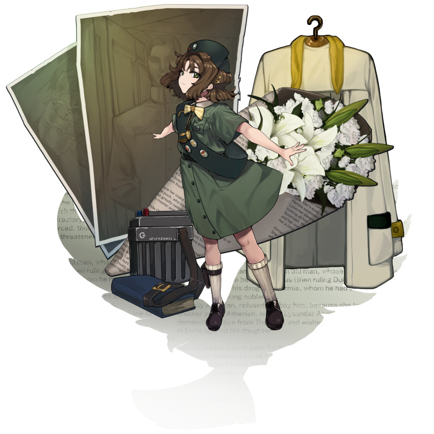 1girl, badge, beret, book, bouquet, bow, bowtie, brown_hair