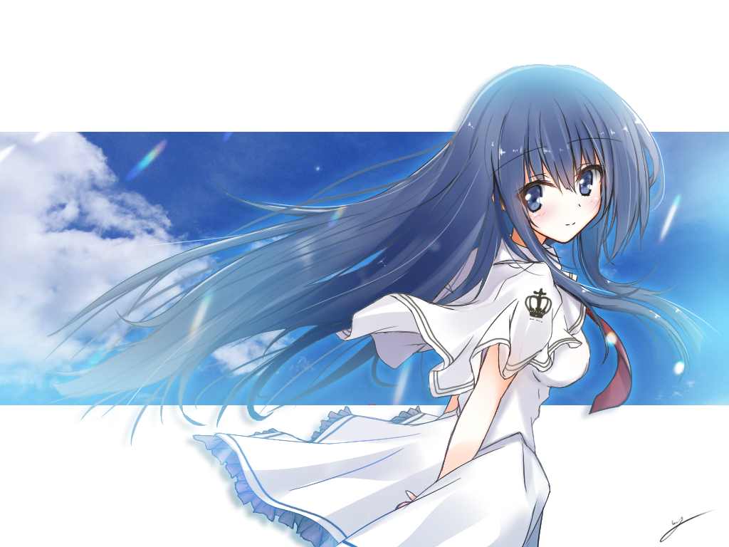 1girl, 2021, arms_behind_back, black_hair, bloom, blue_eyes, blue_sky, blush