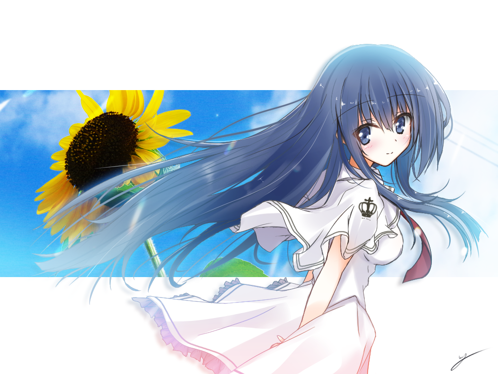 1girl, 2021, arms_behind_back, black_hair, bloom, blue_eyes, blue_sky, blush