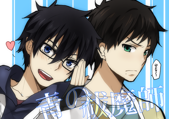 adjusting_glasses, ao_no_exorcist, black_hair, blue_eyes, blush, brothers, fingerless_gloves, glasses