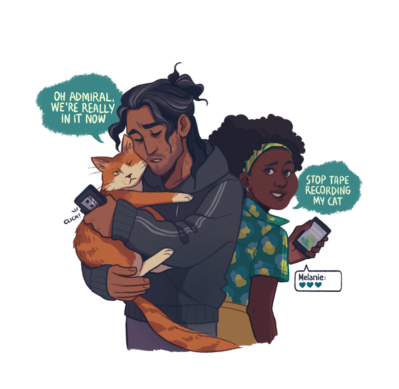 1boy, 1girl, afro, animal, back-to-back, black_hair, brown_eyes, cat
