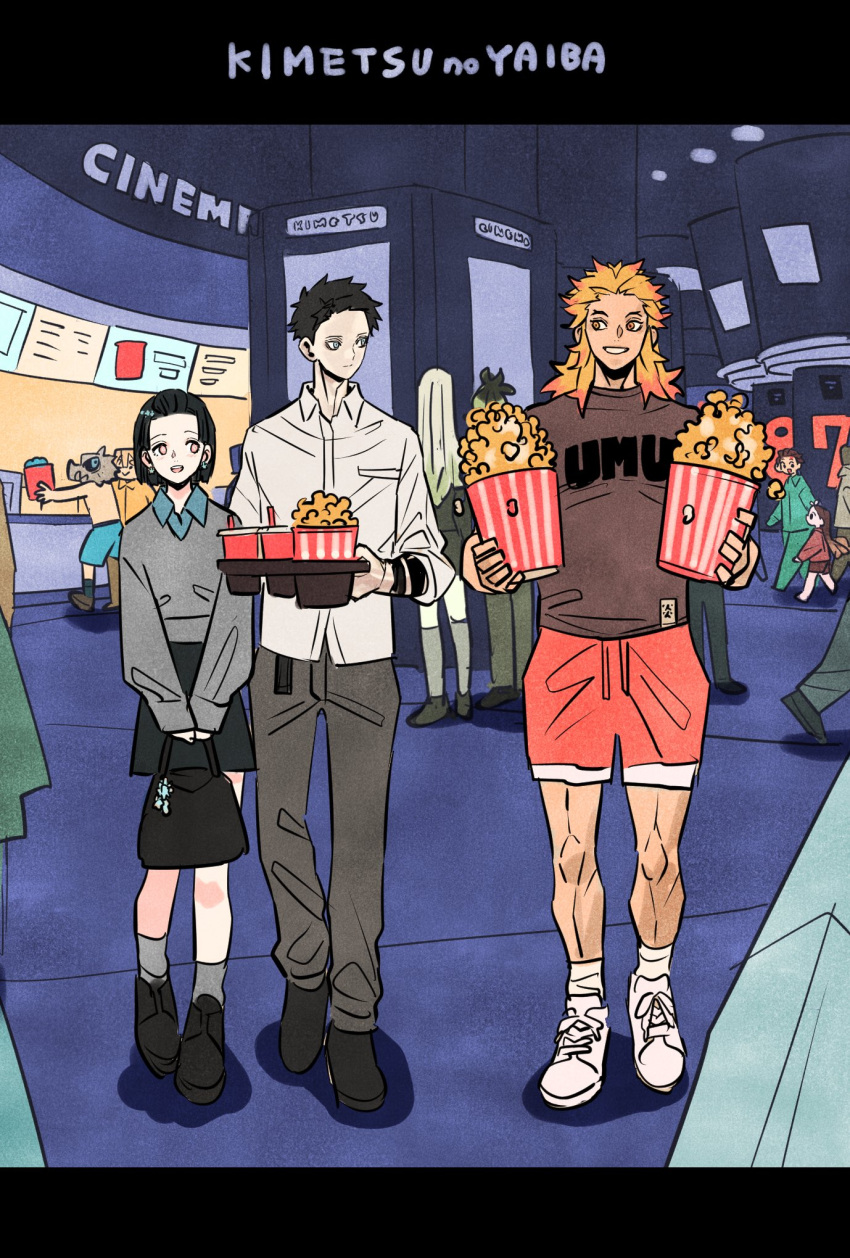 2girls, agatsuma_zenitsu, aqua_pants, aqua_shirt, aqua_shorts, bag, black_bow, black_hair, black_shoes, black_skirt, blonde_hair, boar_mask, bow, brother_and_sister, brown_hair, brown_shirt, child, closed_mouth, collared_shirt, colored_tips, cup, disposable_cup, food, full_body, grey_pants, grey_shirt, grey_socks, hakuji_(kimetsu_no_yaiba), hashiba, highres, holding, holding_bag, kamado_nezuko, kamado_tanjirou, kimetsu_no_yaiba, koyuki_(kimetsu_no_yaiba), long_hair, movie_theater, multicolored_hair, multiple_boys, multiple_girls, open_mouth, orange_hair, pants, parted_bangs, parted_lips, popcorn, red_hair, red_shoes, scar, scar_on_face, scar_on_forehead, shirt, shoes, short_hair, shorts, siblings, sidelocks, skirt, smile, socks, takeuchi_ryousuke, teeth, topless_male, white_shirt, white_shoes