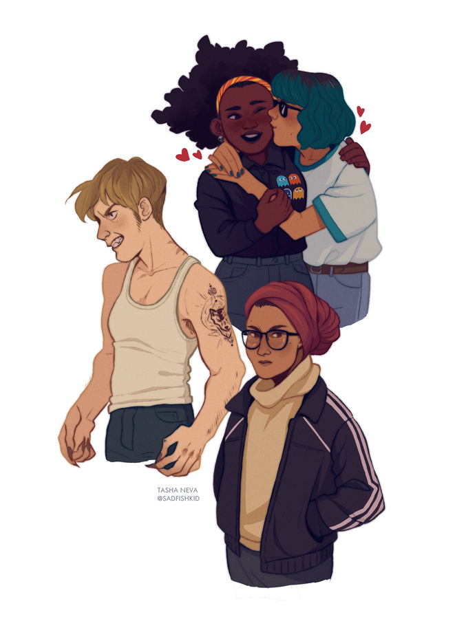 4girls, afro, arm_hair, arm_tattoo, artist_name, basira_hussain, belt, black_eyes