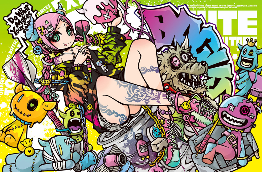 1girl, absurdly_detailed_composition, bottle, dart, decora, directional_arrow_hair_ornament, dog, doll_hair_ornament, emoji_hair_ornament, english_text, engrish_text, gyaru, lock, original, profanity, project.c.k., punk, ranguage, rokku_gyaru, skull, streetwear, stuffed_animal, stuffed_toy, tattoo, thumb_ring