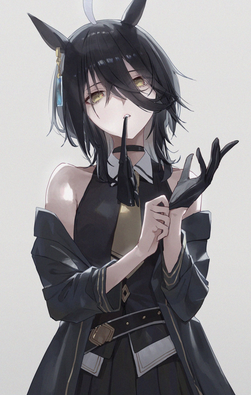 1girl, ahoge, amano_kokoko, bare_shoulders, belt, black_belt, black_choker, black_coat