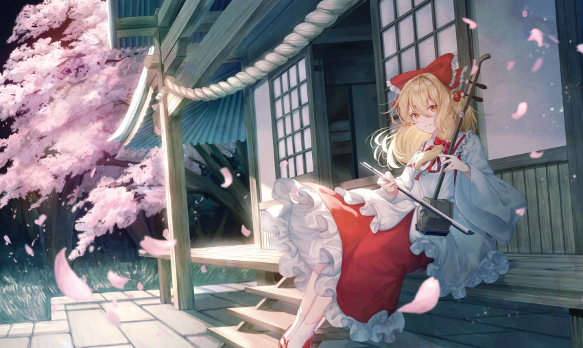 1girl, absurdres, architecture, batory_ken, beads, blonde_hair, blurry, bow