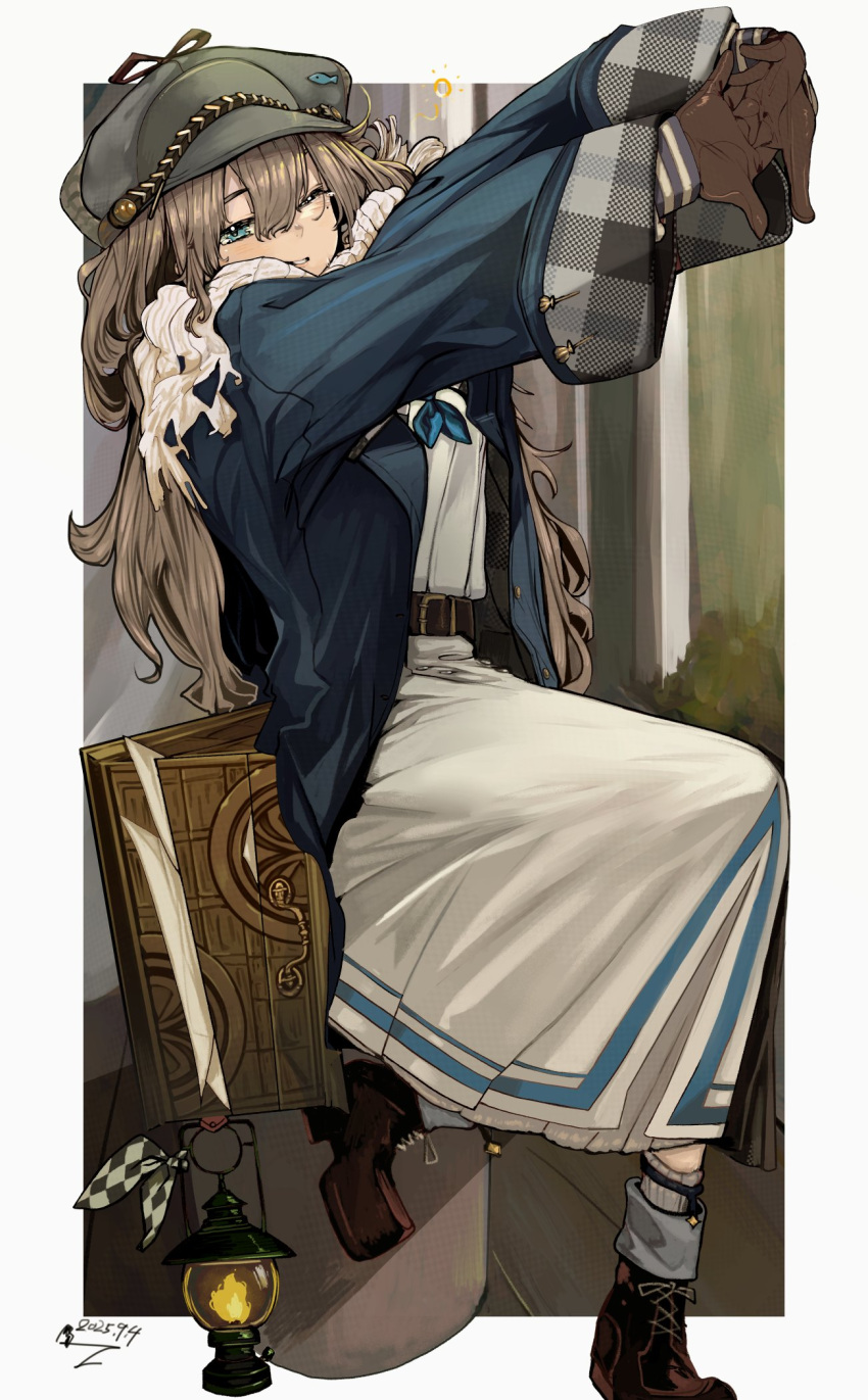 1girl, belt, blue_coat, blue_eyes, blue_neckerchief, boots, border, brown_belt