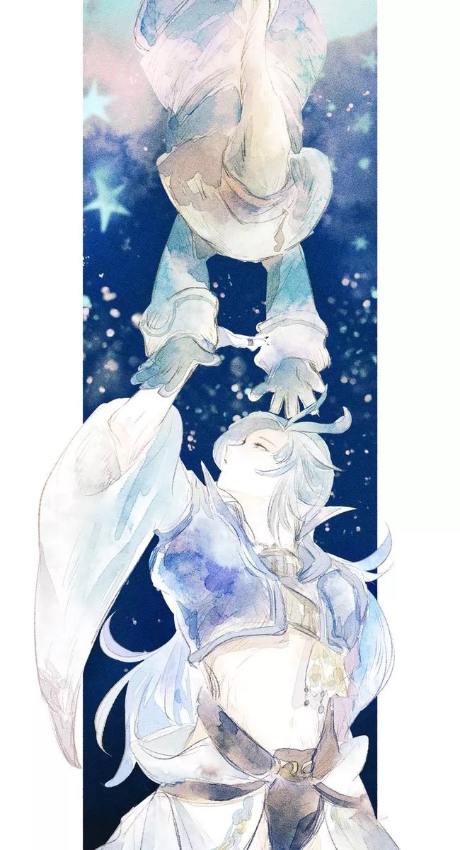 2boys, asumi_chikyuu, black_mage_(final_fantasy), blue_background, blue_coat, border, coat, codpiece, cropped_jacket, feather_hair_ornament, feathers, final_fantasy, final_fantasy_ix, grey_hair, hair_ornament, hat, highres, jacket, kuja, long_hair, male_focus, midriff, multiple_boys, outstretched_arms, parted_bangs, pillarboxed, purple_jacket, upper_body, vivi_ornitier, white_border, white_sleeves, wizard_hat